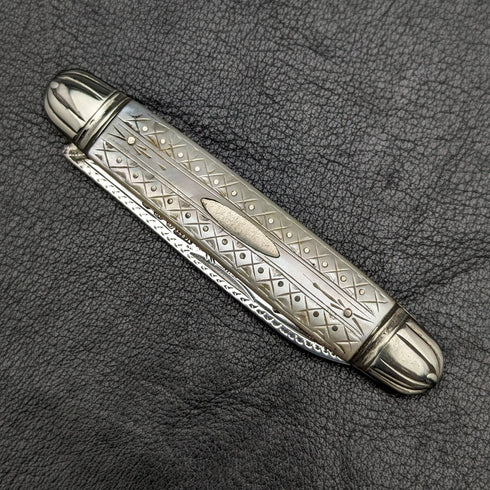 1916 British Antique White Pearl Shell Handle Pure Silver Engraving Blade Folding Pen Knife